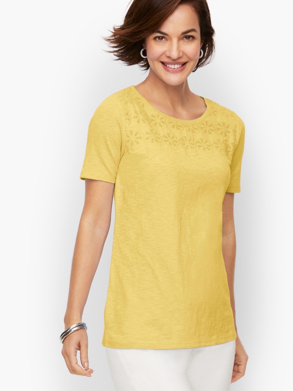 Talbots Yellow Embroidered Short Sleeve Knit Top Women's Medium